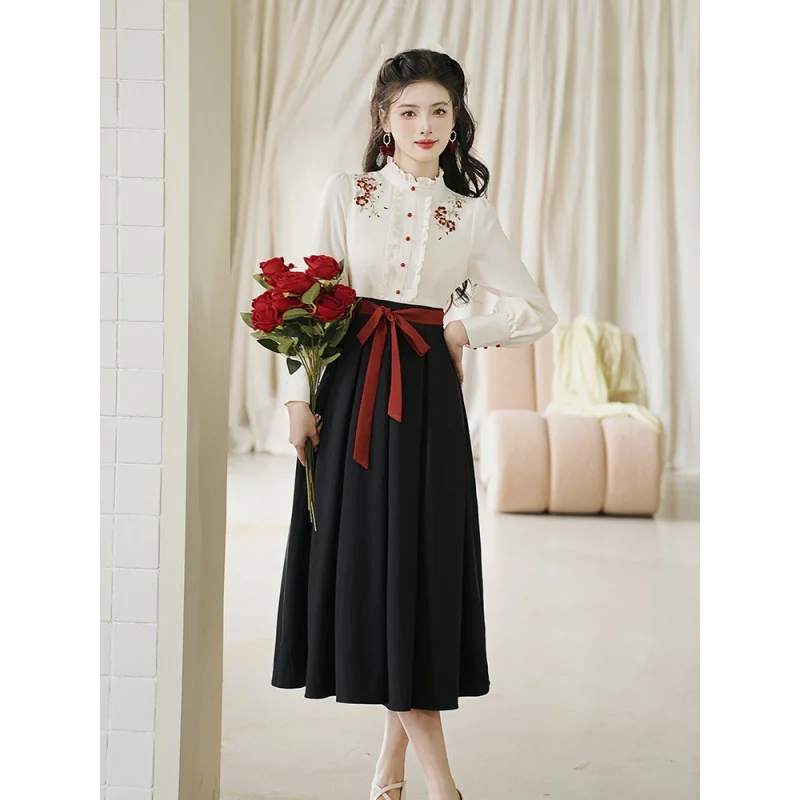 New Women's Clothing Spring Vintage Embroidered Fake Two-Piece Chinese Elegant Contrast Color Sweet Long Sleeve Dress