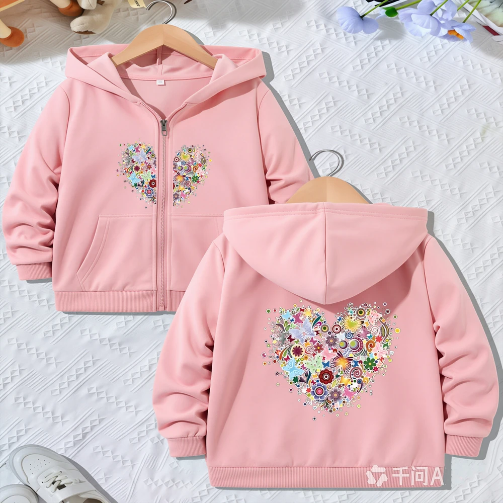 Girl Heart-Shaped Petal Children Hoodie Zip Up Cardigan Tops Pink Boy Black Gray Purple Coat Hoodies Kid 3-12 Year Zipper Style
