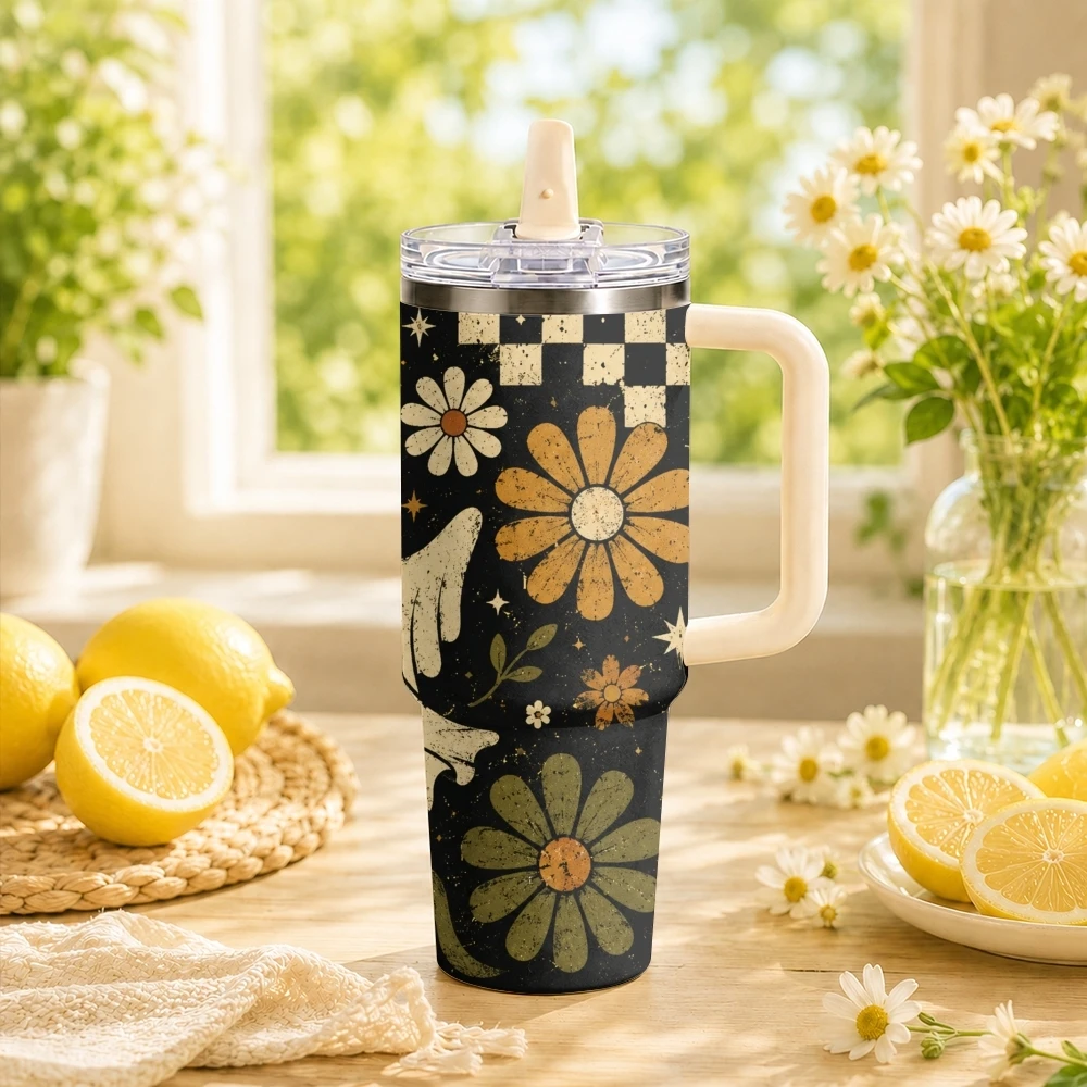 Retro Ghost Daisies Vacuum Flasks 40oz Stainless Steel Insulated Tumbler Leakproof Vacuum Travel Mug Portable Coffee Cup