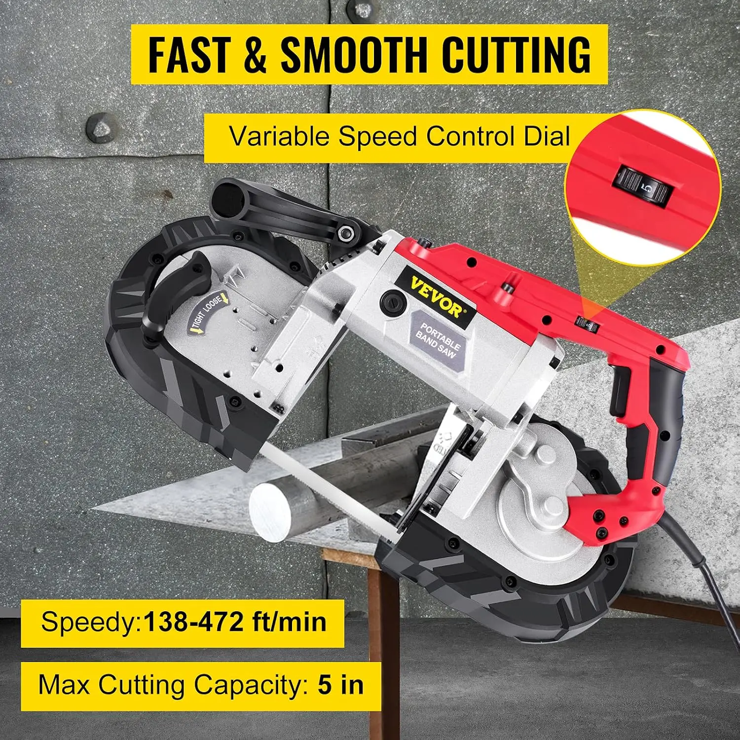 Portable Band Saw, 5Inch Cutting Capacity Corded BandSaw, Variable Speed Hand held Band Saw,10Amp Motor Portable Bandsaw, Deep C