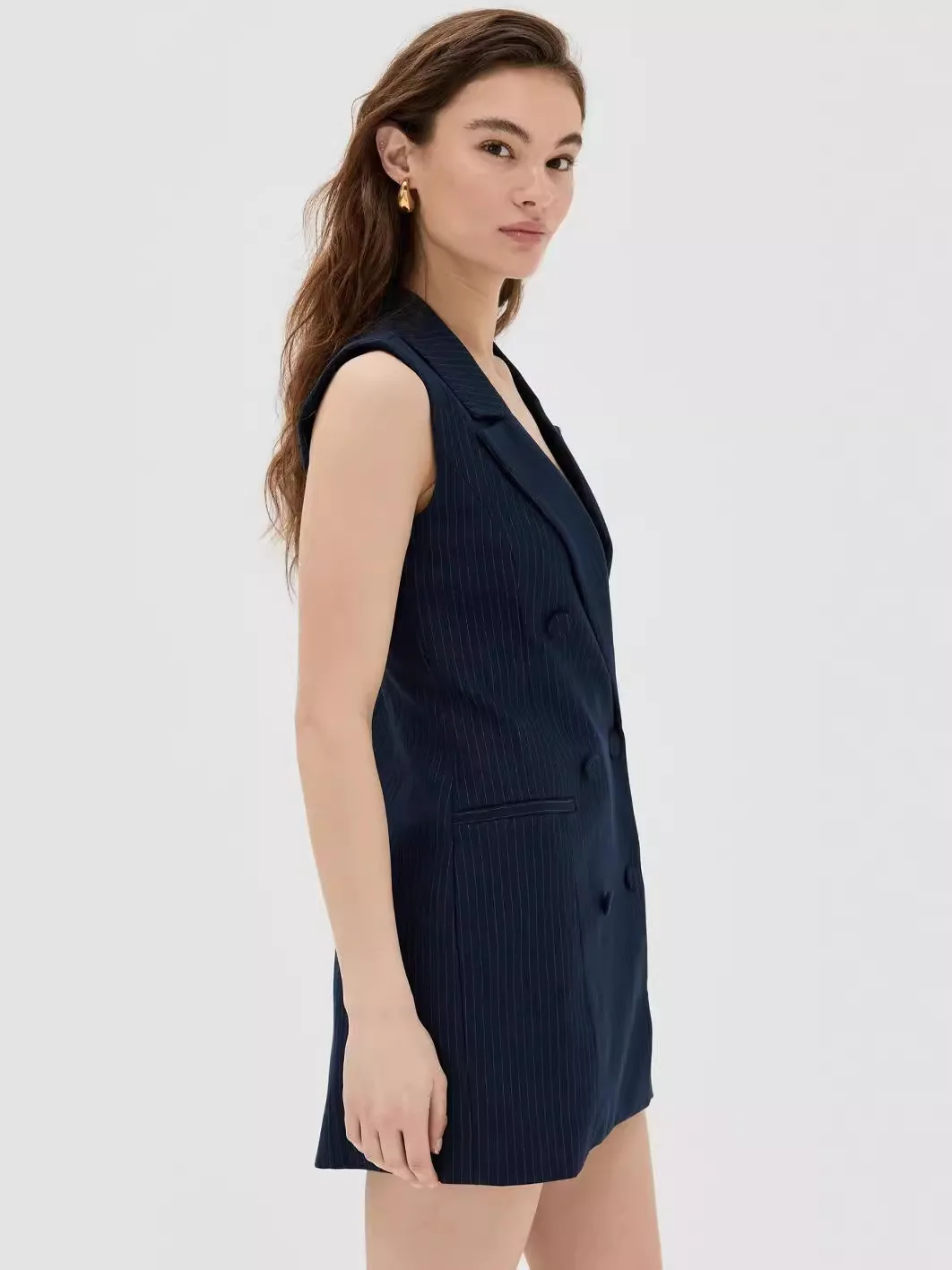 Navy Pinstripe Women Suit 1 Piece Long Vest Formal Office Lady Business Work Wear Sexy Sleeveless V Neck Formal Coat Prom Dress