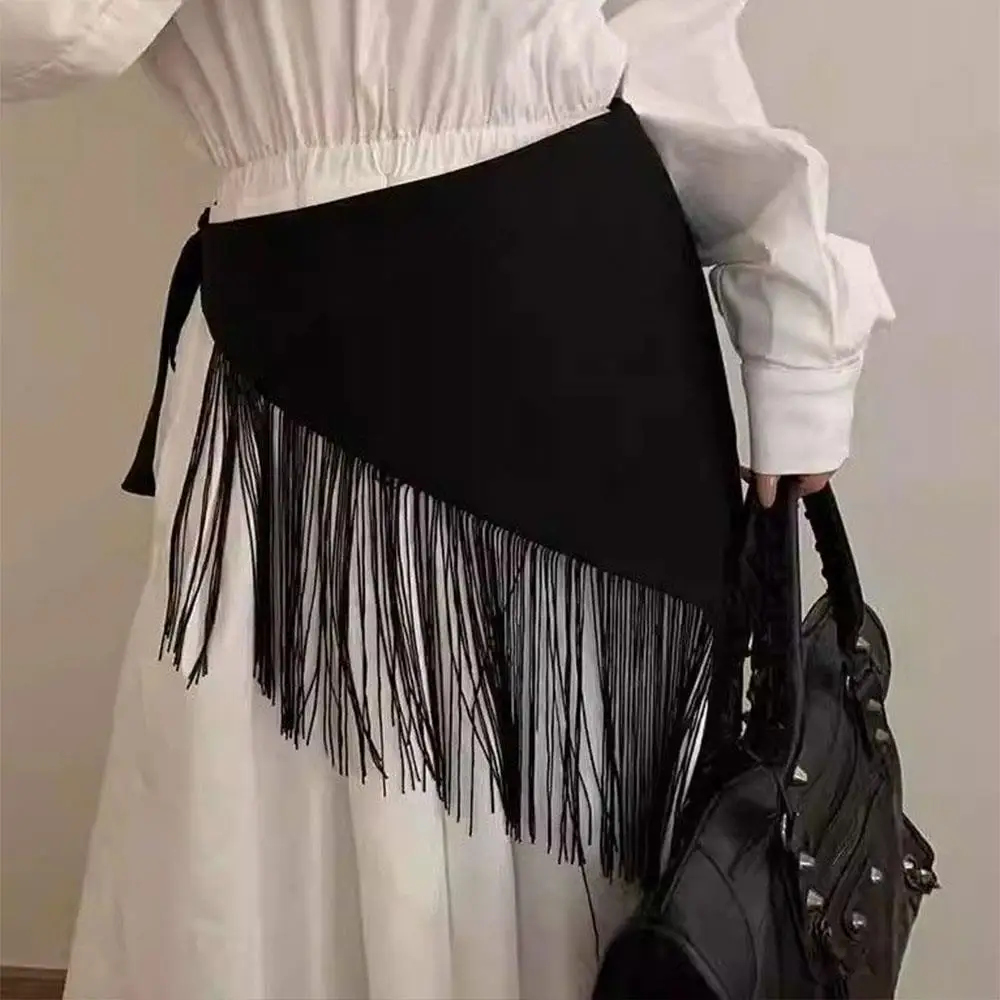 เข็มขัดผ้าสีดำพร้อมพู่ห้อยสำหรับชุดเดรส ทรงสามเหลี่ยม คอร์เซ็ท สไตล์โบฮีเมียน สำหรับตกแต่งเสื้อโค้ทและเสื้อเชิ้ต