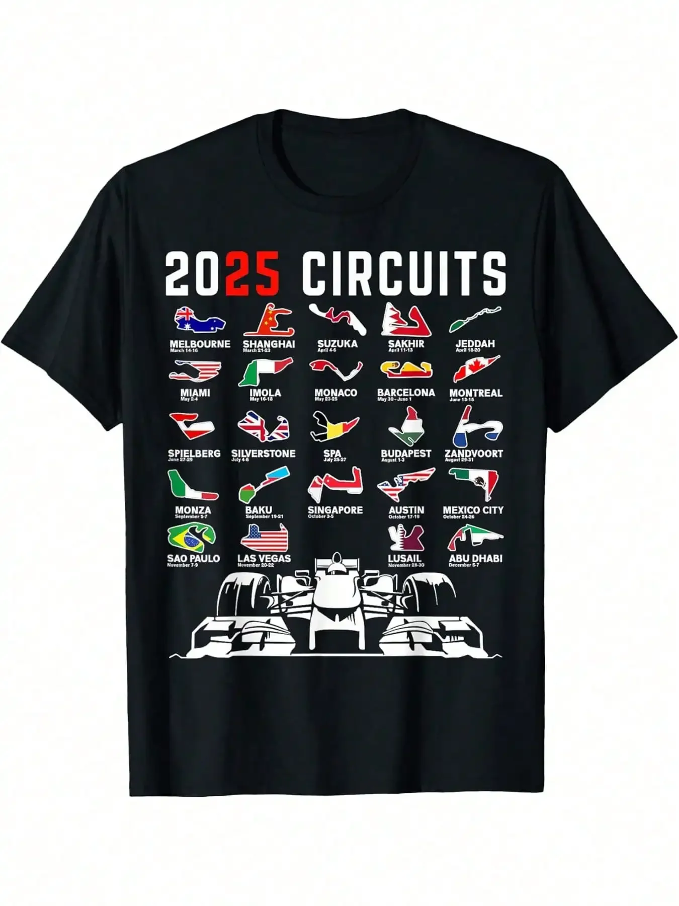 

Men's 2025 Formula Racing Circuits Graphic Tee Casual Black Cotton T Shirt With Short Sleeves Machine Washable