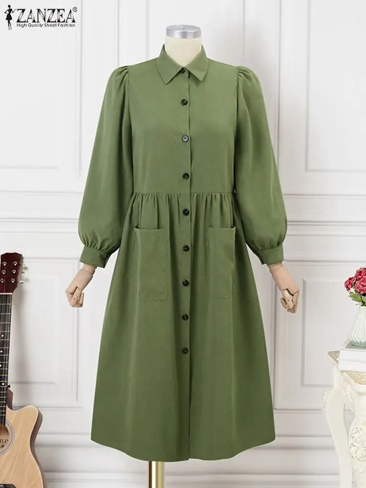 Fashion Corduroy Oversized Vestidos ZANZEA Vintage Solid Maxi Dress 2024 Spring Lapel Pockets Sundress Retro Buttons Pleats Robe