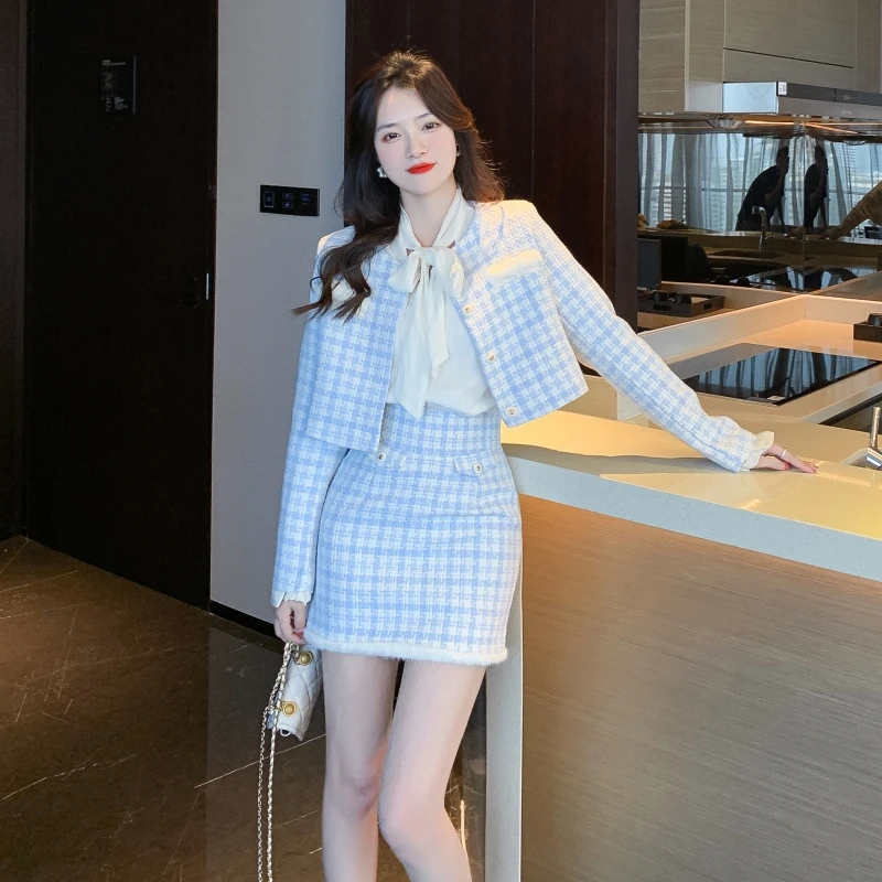 Autumn Fashion Small Fragrant Elegant Blue Plaid Tweed Outfits Women Long Sleeve Short Jacket + Bodycon Mini Skirt 2 Pieces Set