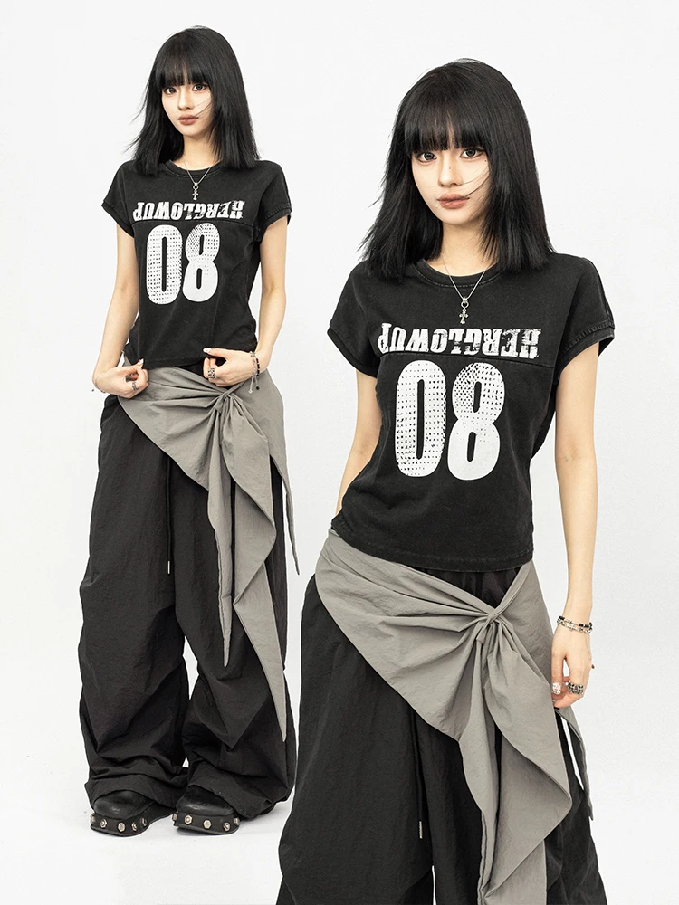 

OCTTFLAB Женская футболка с цифровым принтом в американском ретро-стиле, летняя новинка, укороченный топ из влагоотводящего хлопка