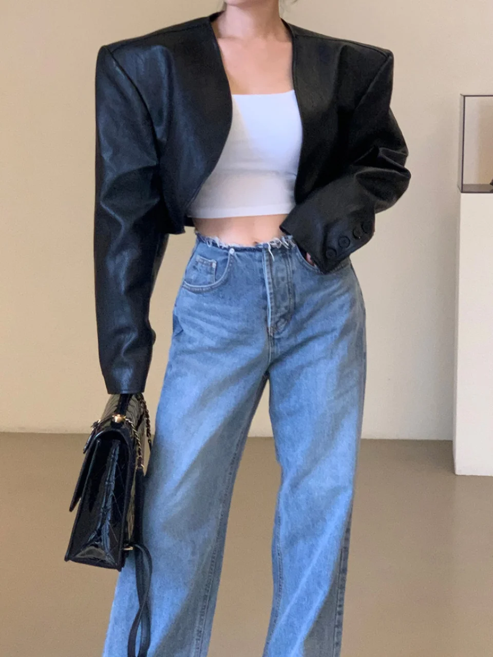 Rétro Bla cuir Jaet femmes ort Sve Long Sve moto Sle Cool épicé PU cuir manteau automne Faion haut