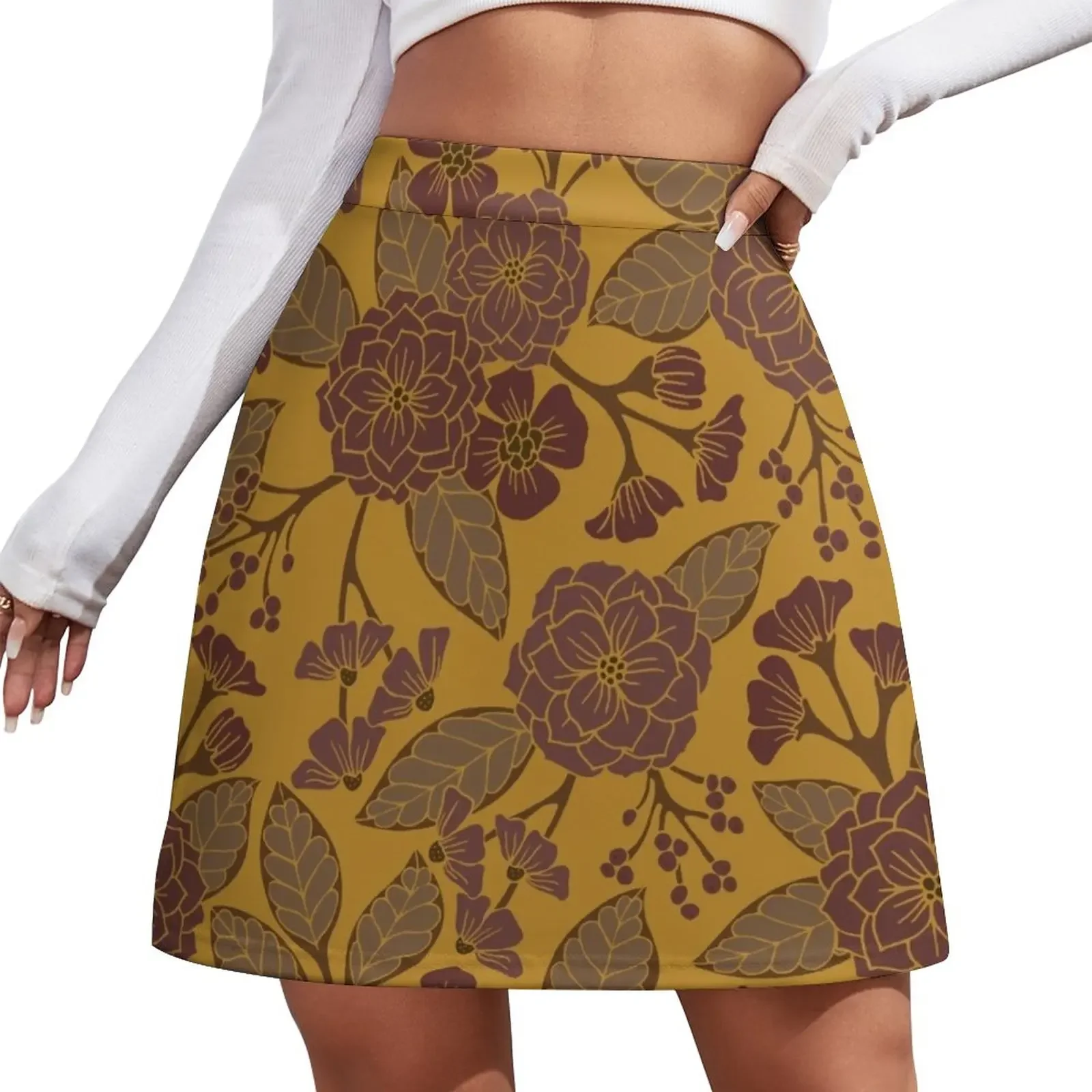 Mustard Yellow and Mauve Floral Pattern Mini Skirt skirt skirt Clothing set Mini