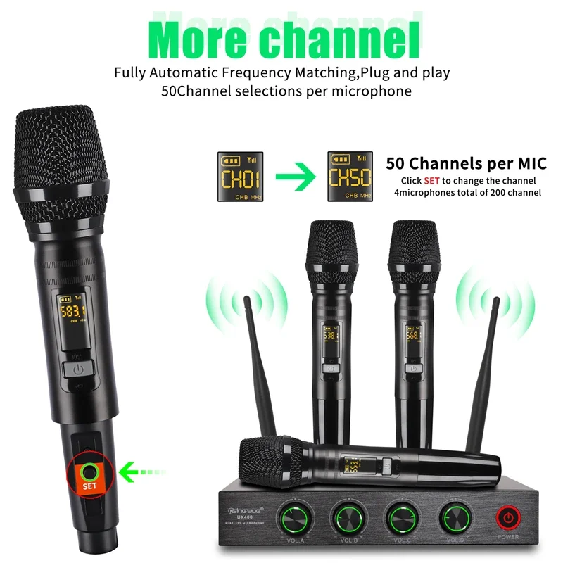 

4 Channel Wireless Microphone System Home Karaok PA Speaker Singing Party TV Professional UHF Handheld Dynamic Mic