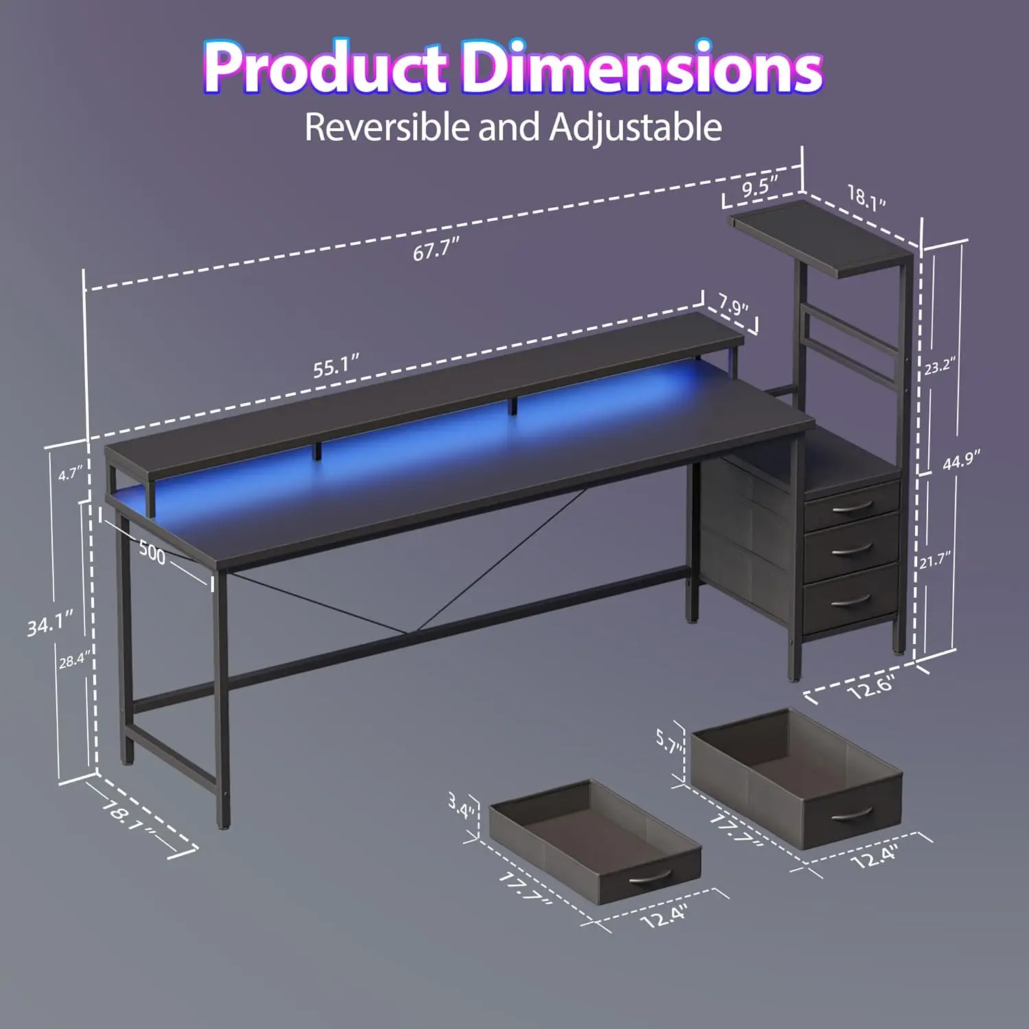 #Gaming Desk with Power Outlets & LED Lights, Reversible Computer Desk with PC Case Stand, Fabric Drawers, Modern, Customized