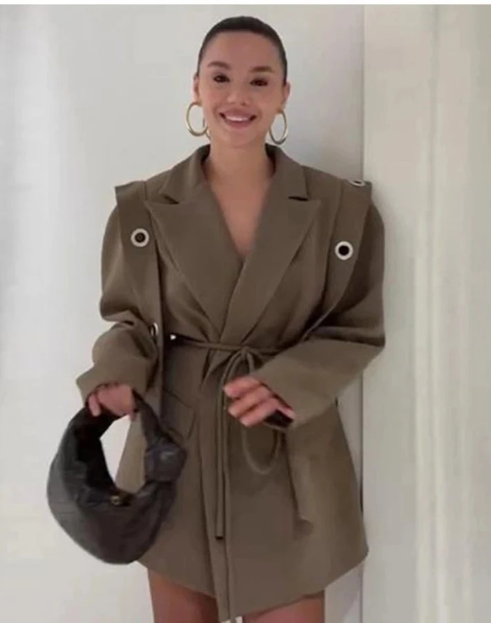 

Fashion Solid Turn-down Collar Coat Women Wool Blend Lace Up All-match Mid-length Blazer