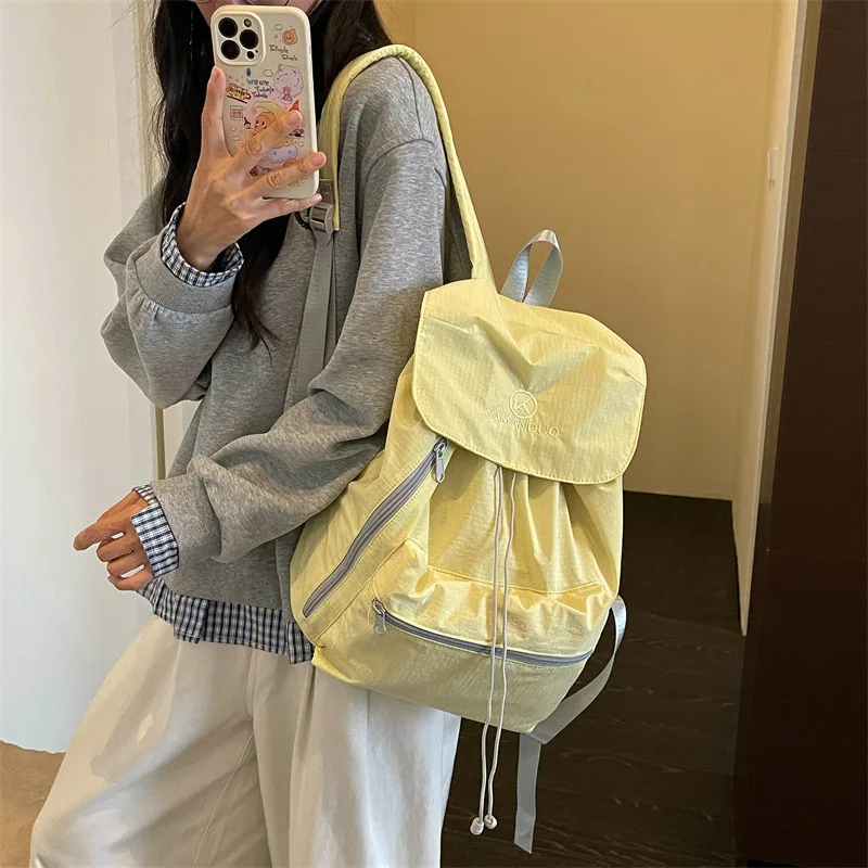 Women Nylon Backpack Casual Hiking Daypack with Ripstop Textured Fabric Flap Drawstring Closure Front Pocket Rucksack for Girls