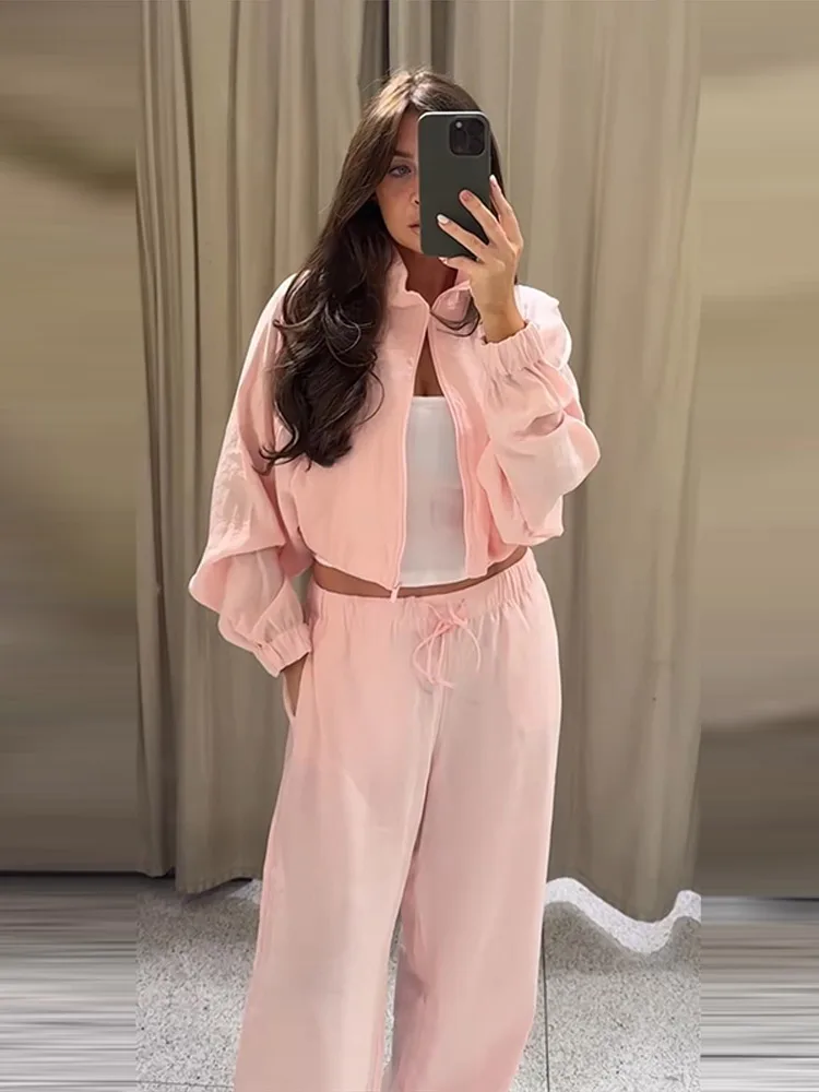 Damen-Hosenanzug 2-teilig mit Stehkragen, Laternenärmeln, Kurzmantel und Weiten Hosen, Modische Streetwear für Damen, Neu – Detail 5