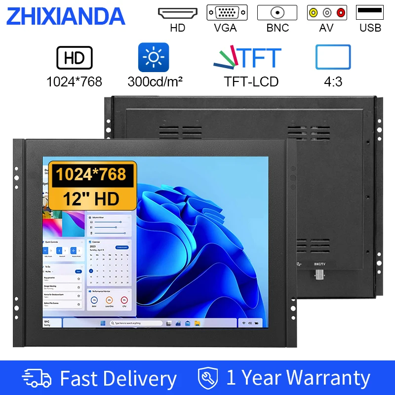 

12 Inch Industrial Resistive Touch Screen Monitor 1024x768 LCD Display with VESA Mount HDMI VGA BNC AV USB For Kiosk POS System