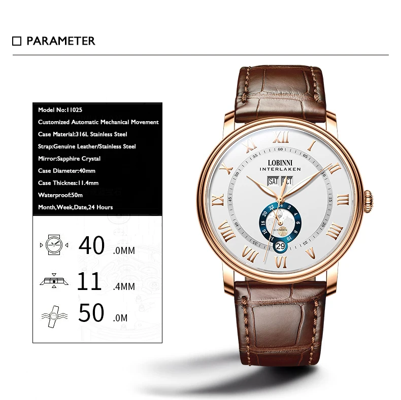 LOBINNI Orologi automatici da uomo 40mm Orologio da polso meccanico di lusso 50M Impermeabile Zaffiro Chiusura a farfalla Mese Settimana Data