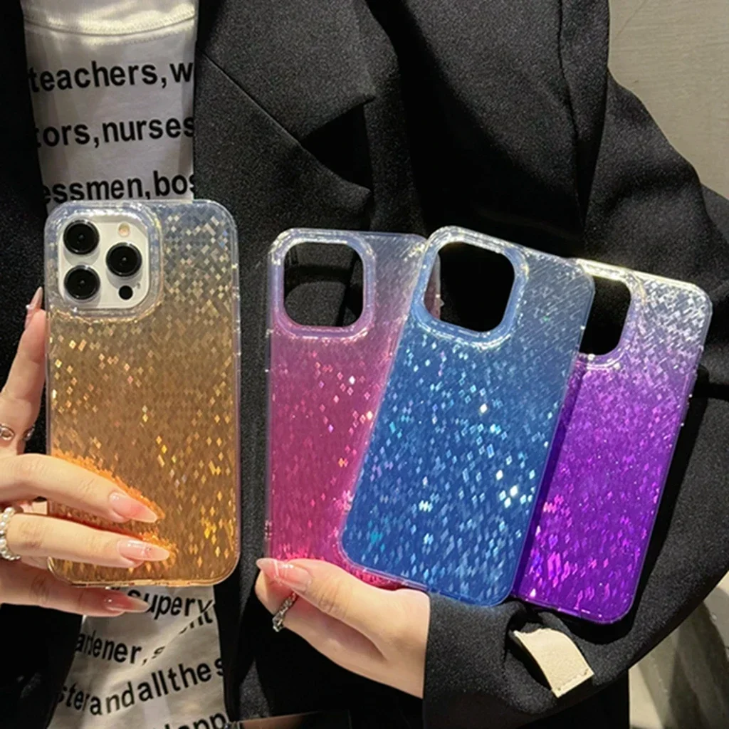 Stylish Illusion Color Bling Bling Diamond Plaid Sequin Phone Cover Case for iPhone 16 15 14 13 12 Pro Max Plus