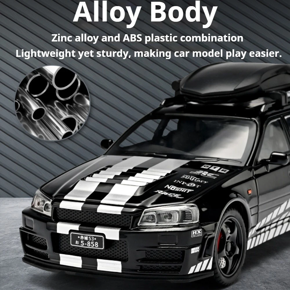 1:22 Nissan R34 Model Alloy Diecast Toys Car Doors Opened Pull Back Front Wheel Steering Shock Absorption Vehices Ornaments Gift