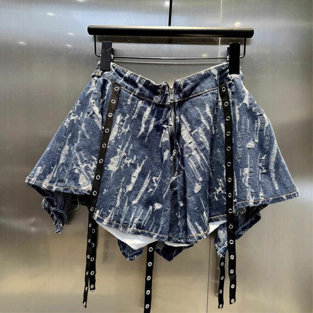 Spicy Girls Irregular Cowboy Skirt Women's Retro Distressed High Waisted Short Skirts Blue Casual Contrast Color A-line Skirt