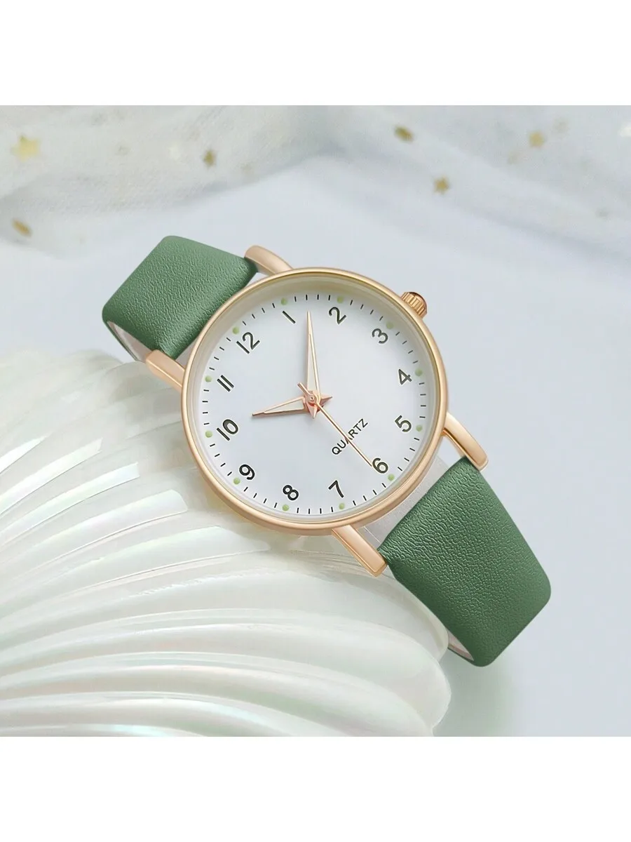 

Women Simple Leather Quartz Wristwatch With Green Strap