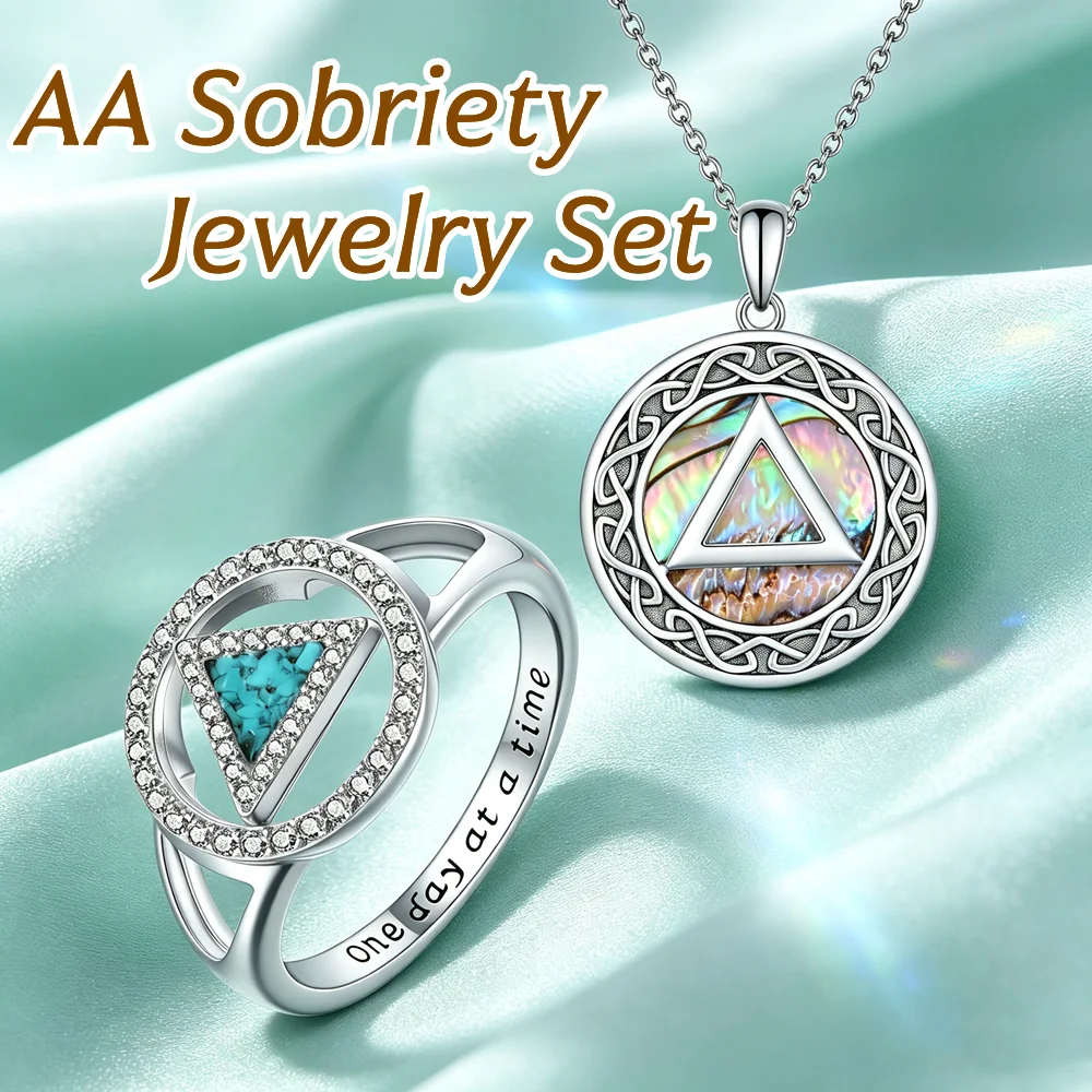 AA Sobriety Jewelry Set, Alcoholics Anonymous Ring & Abalone Shell Pendant Necklace, Recovery Gift for Women Sobriety Milestone