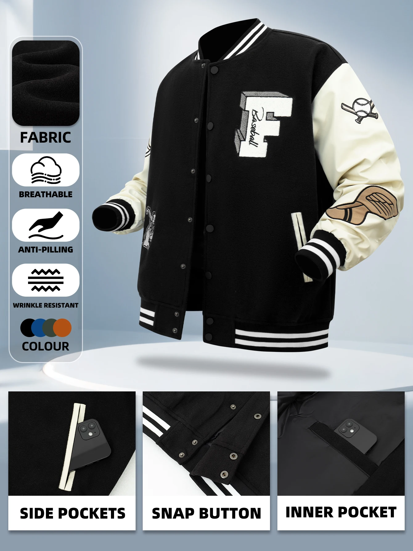 جاكيت رجالي جلد كلاسيكي مرقع ، معاطف دراجات نارية مطرزة ، جواكيت بومبر بيسبول اسكواش ، ملابس خارجية فضفاضة ، الخريف والشتاء