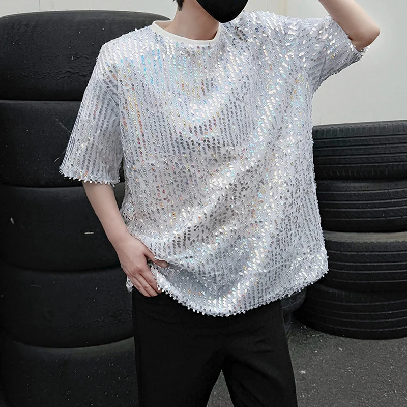 Sequins Nightclub Bar Disco Men T-Shirt Trendy Jazz Modern Dance Short Sleeved Man Tee Tops Summer Stage Performance Costumes