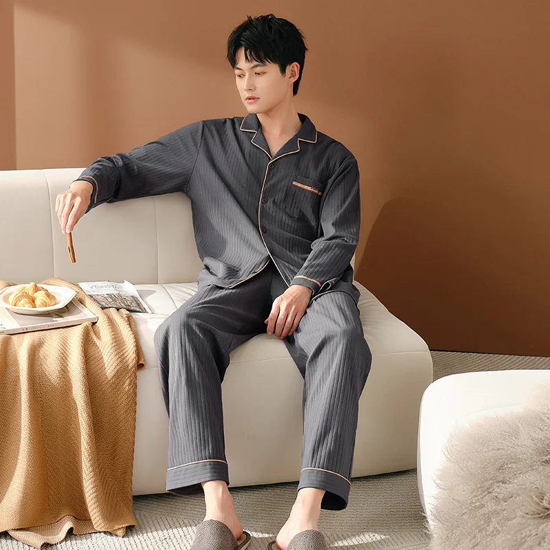 Men Cotton Nightwear Suit Autumn Solid Color Long Sleeve Tops + Long Pants Pajamas Casual Cardigan Homewear Pijamas Hombre