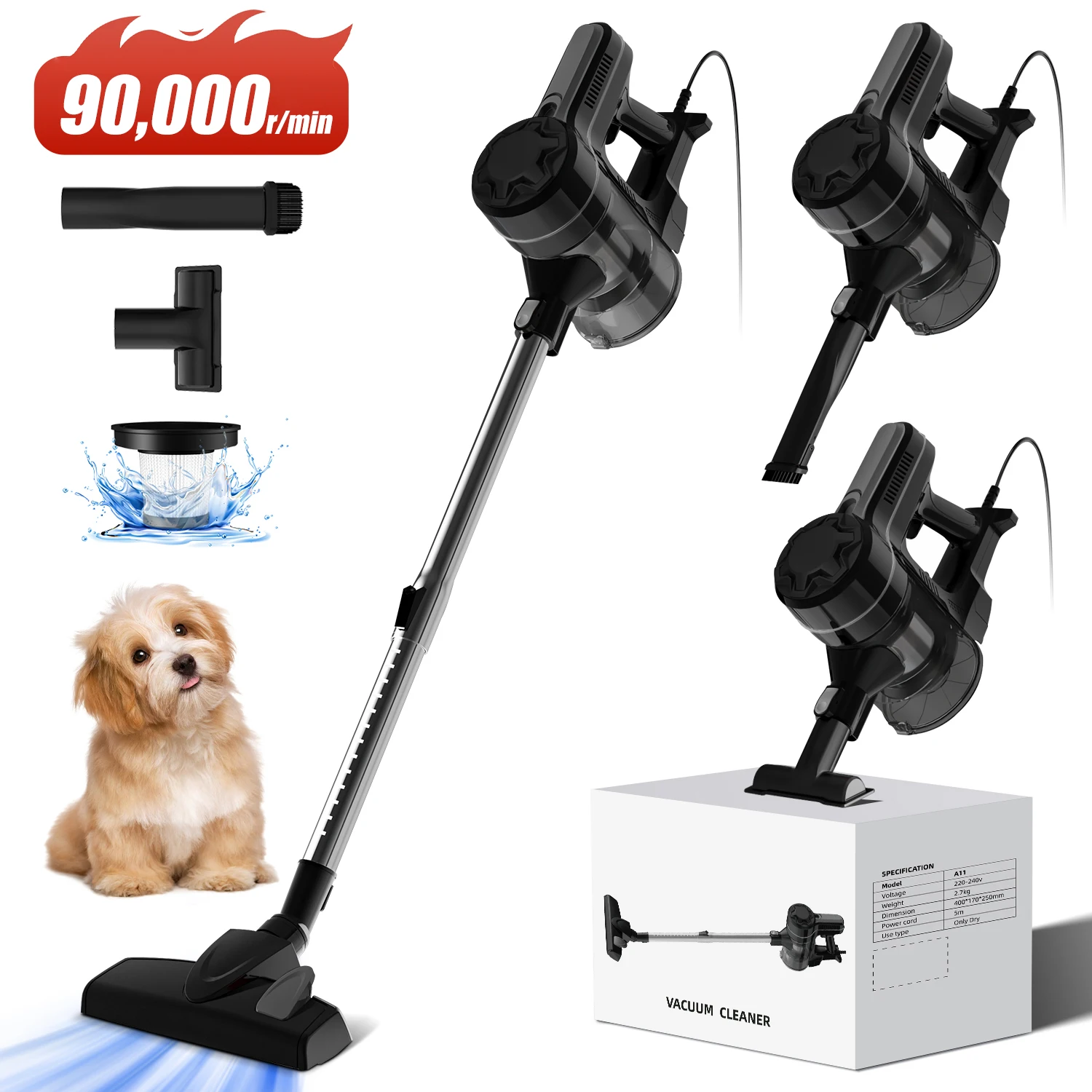 Authmic Kabelstaubsauger, 20.000 Pa Saugleistung, 5 m Kabel, 4-in-1-Filtration, perfekt für