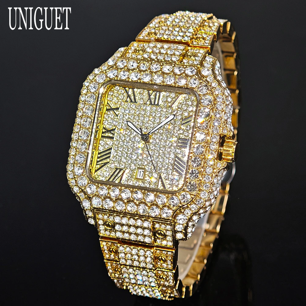 ユニゲット-メンズ-高級ゴールド腕時計-クラシック-ステンレススチール-アイスアウト-ヒップホップ-フルダイヤモンド-スクエア腕時計-男性向け-ホットセール-ギフト