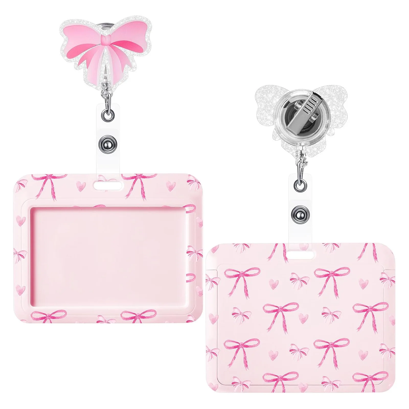 Pink Bow Gifts Horizontal ID Name Tag Badge Card Holder Retractable Badge Reel Alligator Clip Doctor Nurse Office Accessories