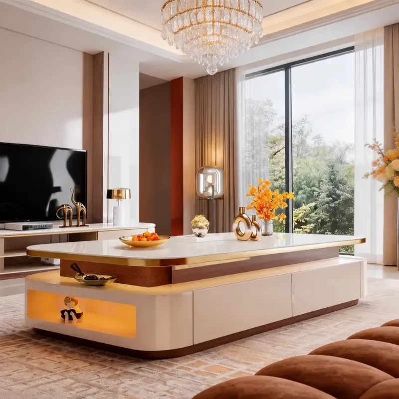 Modern Creative Coffee Table with Bright Rock Panel Extended Large Living Room Furniture Set TV Cabinet Combination for