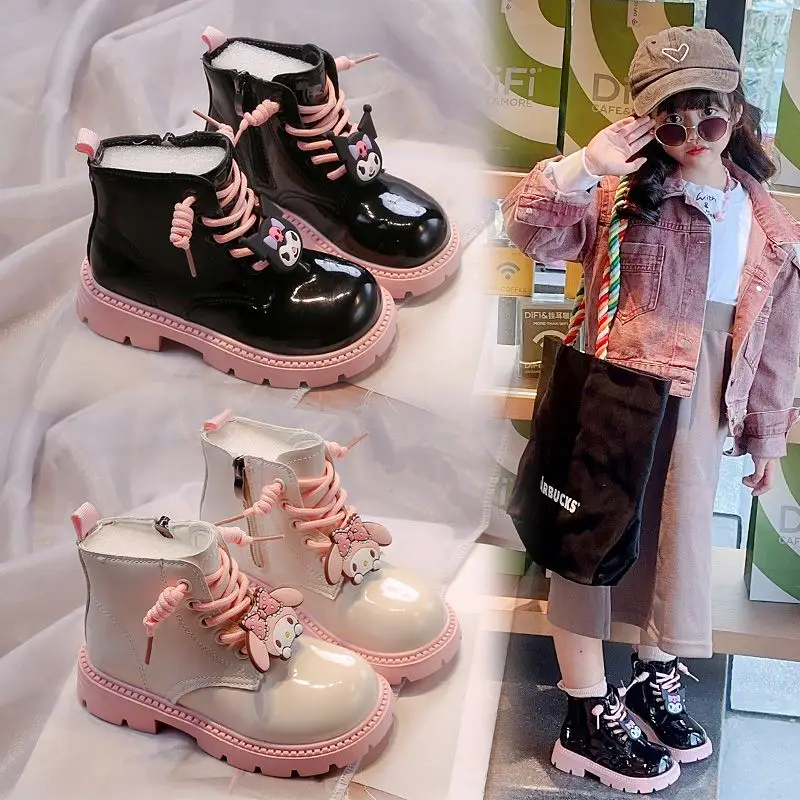 Anime Kawaii Sanrios My Melody Hellokittys Kuromi Girls Martin Boots Kids Shoes Princess Short Boot British Style Leather Boots