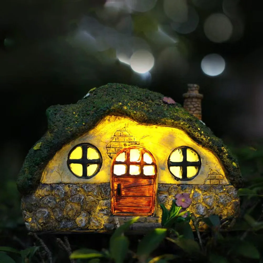 Hand Painted Solar Powered Fairy Garden House Resin Figurine Lights Weather Resistant Yard Decorations Outdoor