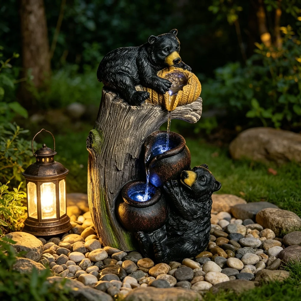 Adorable Bear Outdoor Fountain with LED Lights