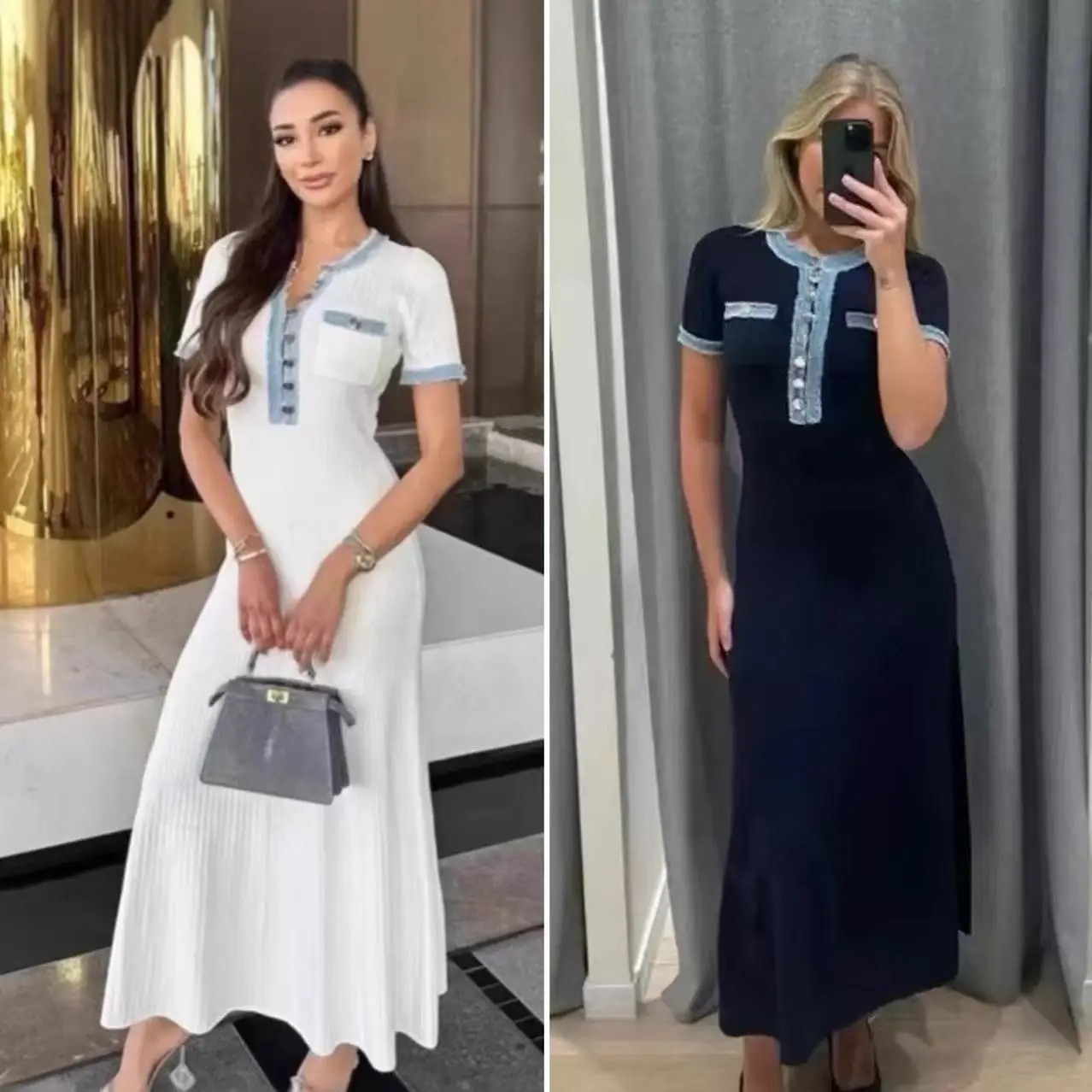 

Elegant Contrasting Women Knit Maxi Dress Chic O-neck Short Sleeve Metal Buttons Bodycon Dresses Office Lady Commuting Robe