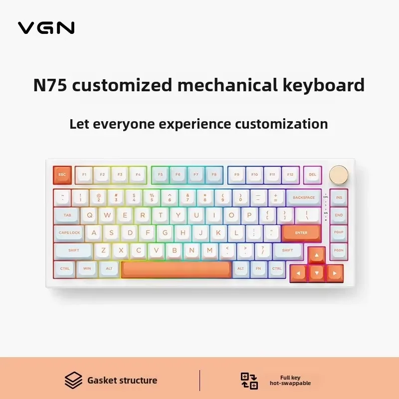 N75 Wired Mechanical Keyboard Gaming Power Customized Gasket Construction 75% with 82keys Full Key Hot-swappable USB 1000HZ