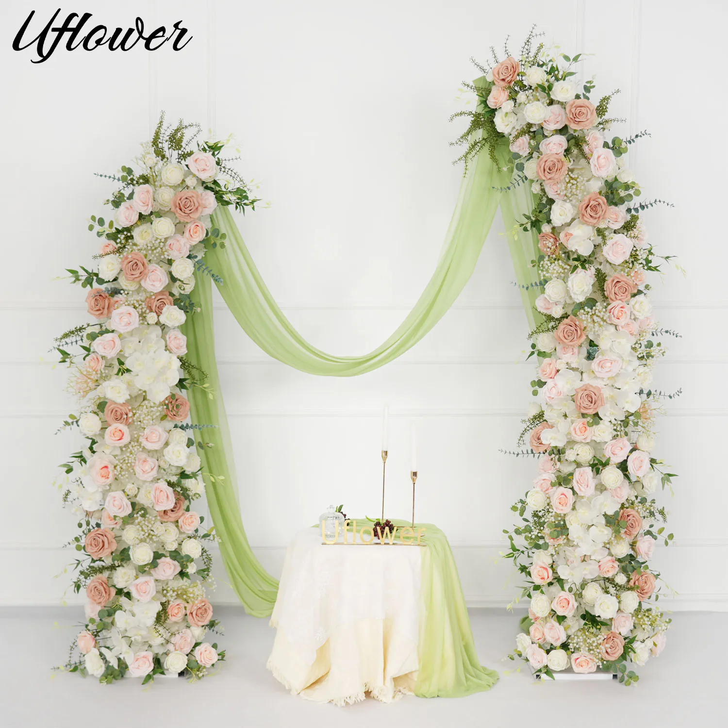 Uflower Pink Rose 5D Wedding Backdrop Arch KT Board Decor Floral White Baby Breath Arrangement Flowers Row Event Party Props