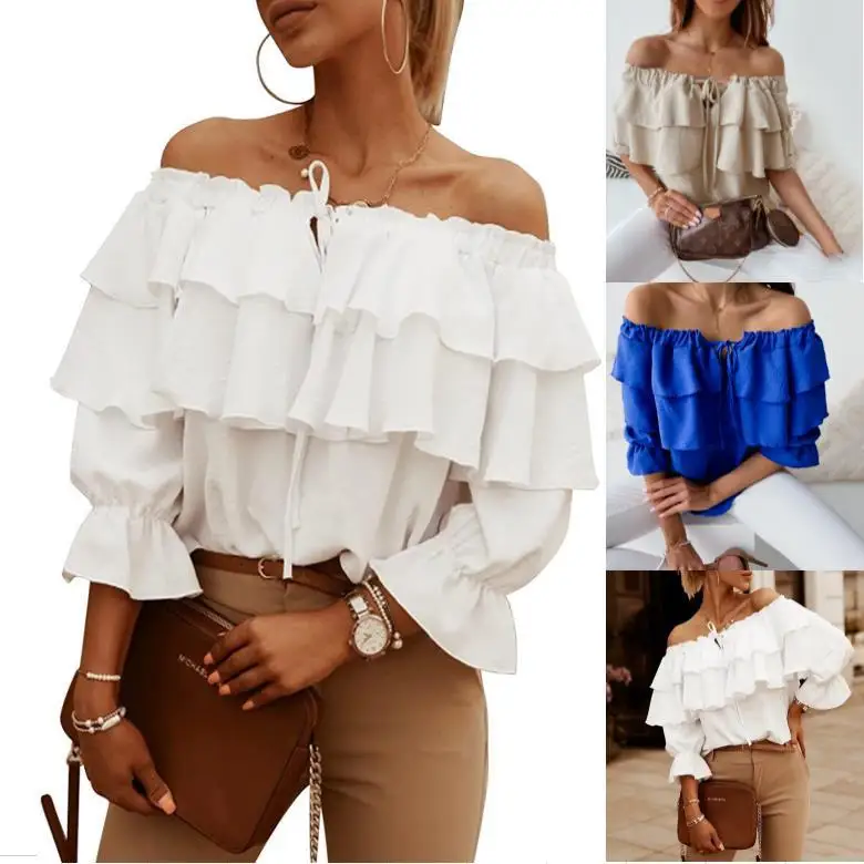 

New 2025 Women's Shirt One-Linged Ruffled Girl Hot Girl Top Brown Mid-Sleeve Black Fashion Off-Shoulder Blouses