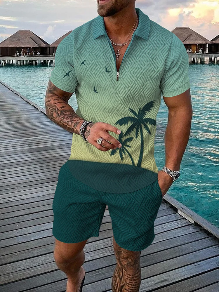 Conjunto de chándal con estampado 3D para hombre, Camiseta con cuello con cremallera, Polo y pantalones cortos, 2 piezas