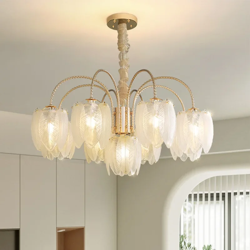 SANDYHA Unique LED Crystal Feather Chandelier Pendant Light for Bedrooms Living Rooms Dining Room Elegant Home Decor Statement