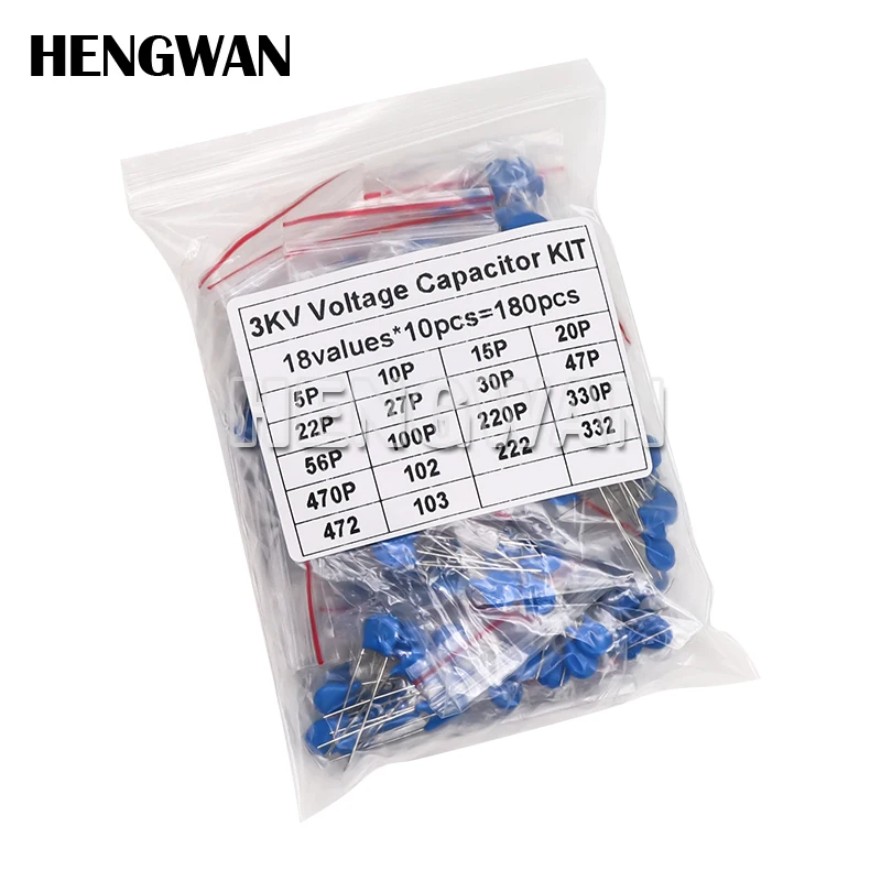 180pcs 3KV Ceramic capacitor Kit 18Values*10pcs 5PF 10PF 22PF 30PF 47PF 56PF 100PF 150PF 220PF 330PF 470PF 102 222 332 472 103