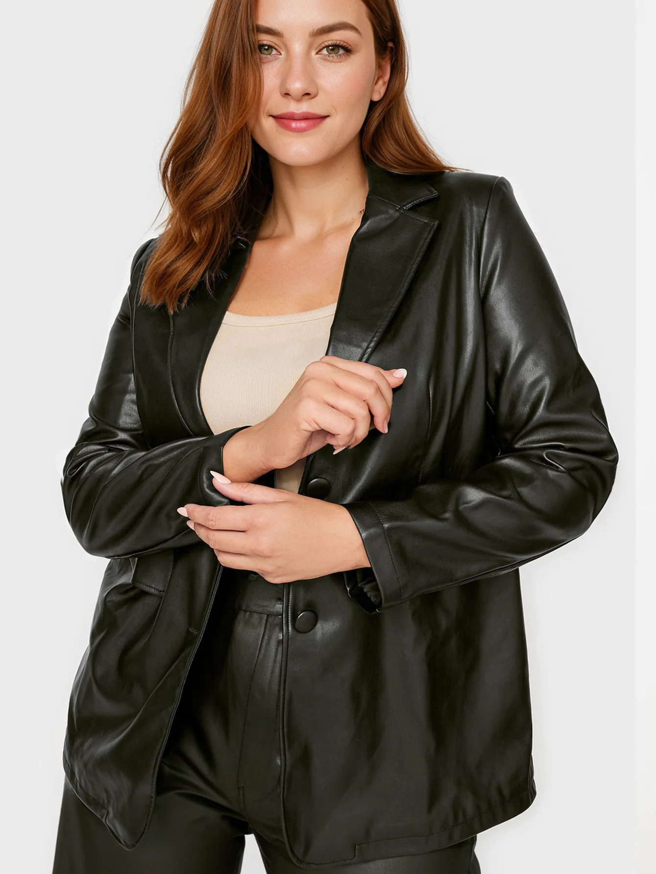 Plus Size PU Leather Buttons Jacket, Casual Long Sleeve Lapel Jacket, Women\'s Plus Size Clothing