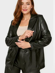 Plus Size PU Leather Buttons Jacket, Casual Long Sleeve Lapel Jacket, Women's Plus Size Clothing