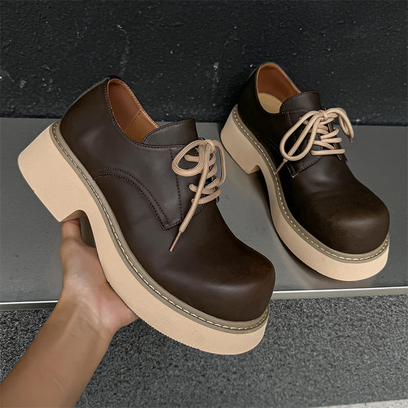 

Men Derby Shoes with Round Toe Thick Sole Increased Height Lace Up British Style Casual Men Shoes