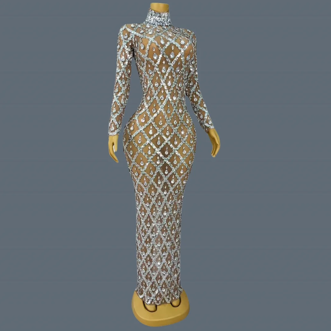 

Luxury Event Sparkly Rhinestone See Through Mesh Dress Birthday Party Skinny Dress Elegant Sexy Women Photograph Wear Shaokaojia