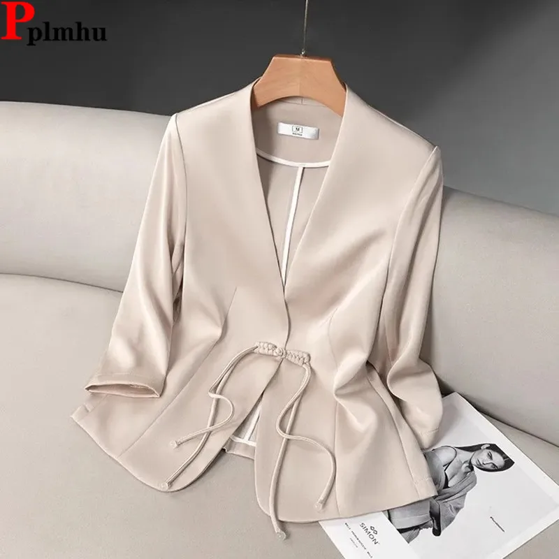 Smooth Satin V-neck 3/4 Sleeve Suit Jackets Slim Frog New Chinese Style Blazer Chaquetas Coats Women Elegant Vintage Vestes