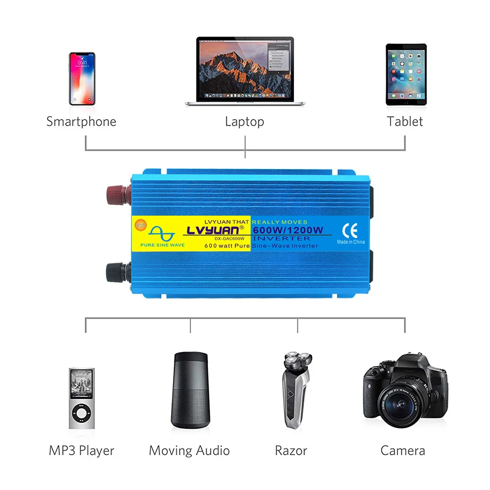 Pure Sine Wave 600W/1200W DC 12V To AC 110V 60Hz Power Inverter Dual USB Universal US Socket Car Cigarette Lighter Converter