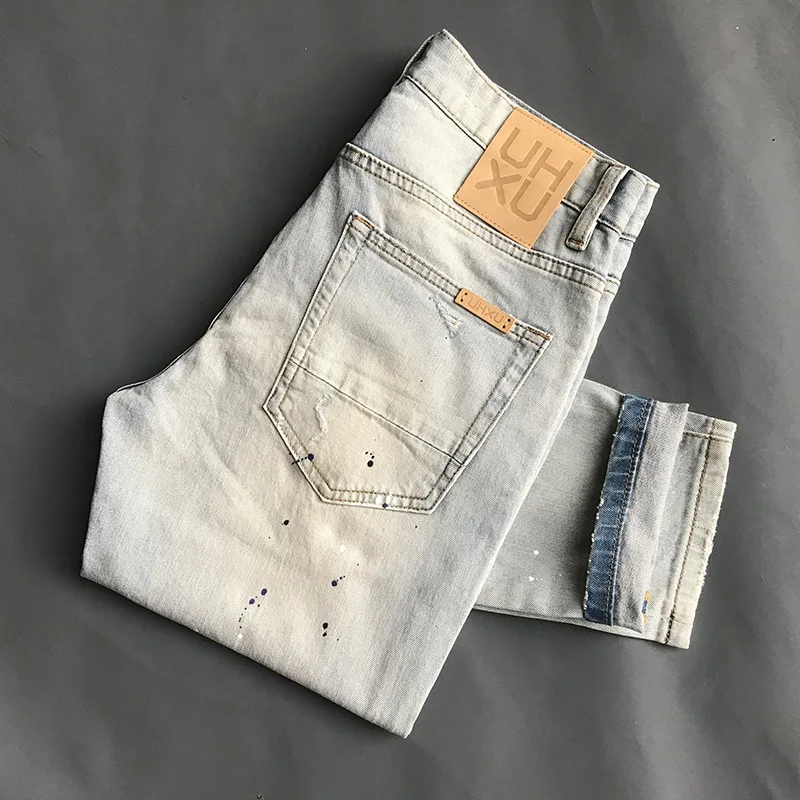 Jeans skinny rasgado e slim fit masculino, estilo locomotiva, calça elástica, moda de rua jovem, 2024