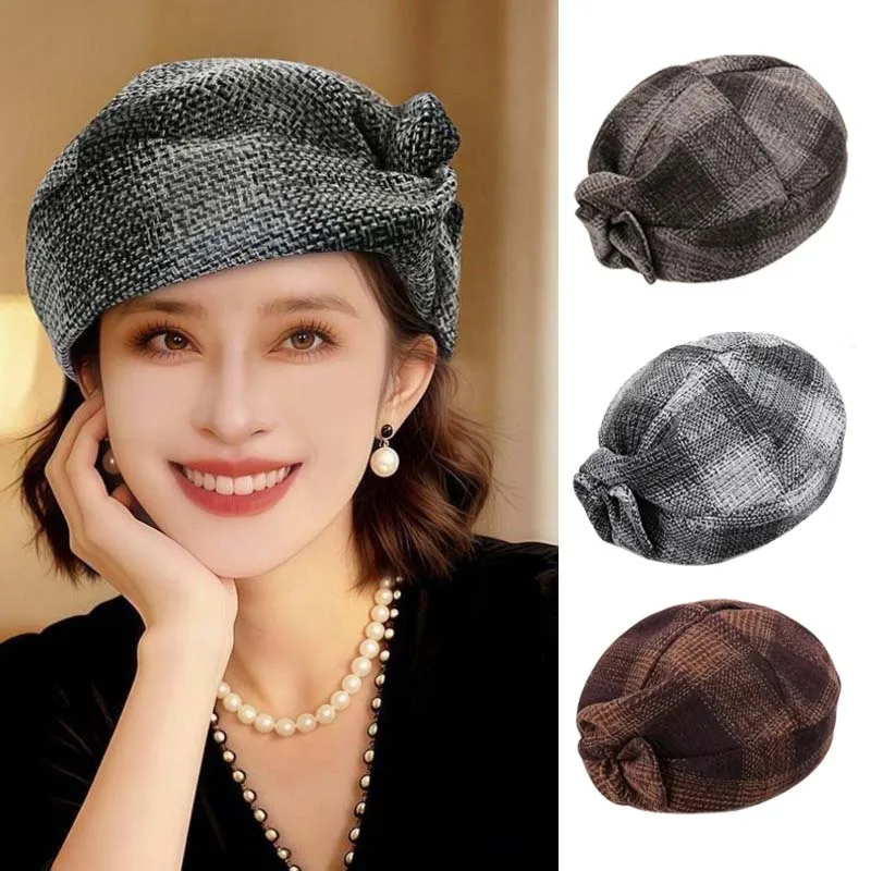 Contrast Color Mom Plaid Beret Cap Dome British Style Bow Twisted Hat Big Head Circumference Knitted Women Artist Hat Warmer