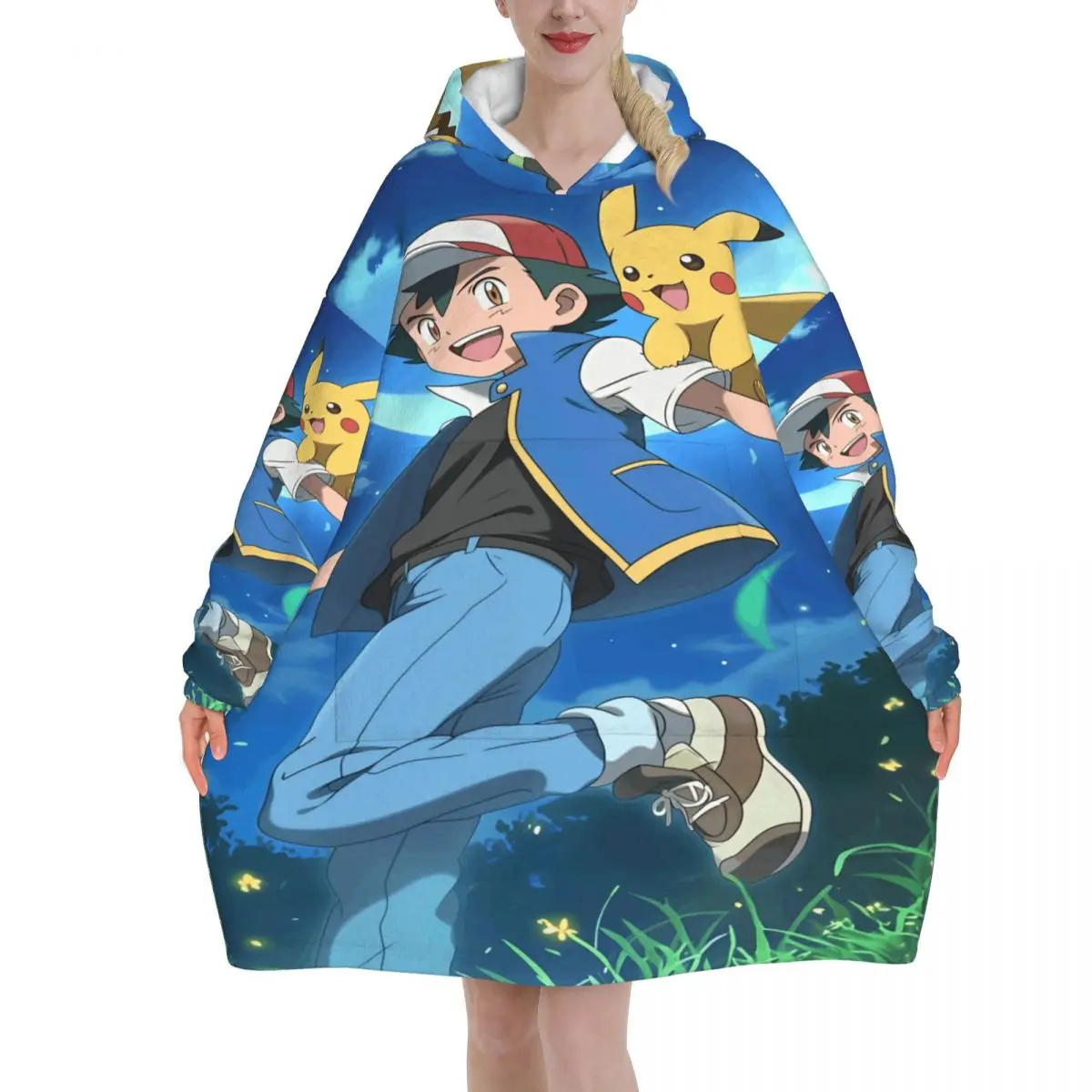 

Pokemoned Pikachus Blanket Hoodie Wearable Blanket Oversize with Pocket Warm Sleeping Bag Soft Cozy Onesie